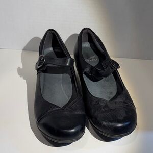 Dansko Black Leather Mary Jane Flats with Strap